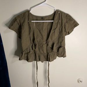 Olive green tie front top